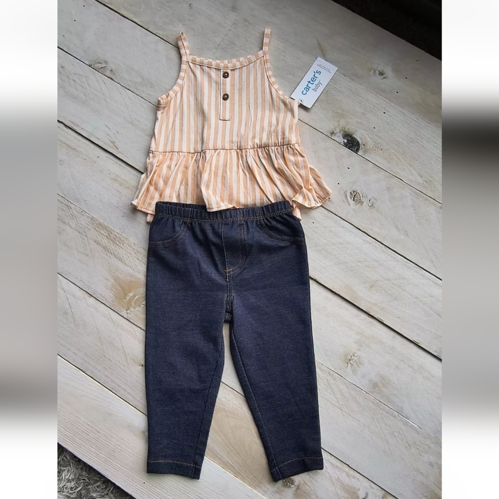 Carter's 2pc Pant Set With Ruffle Striped Tank Top Bodysuit Orange Blue 12 Month